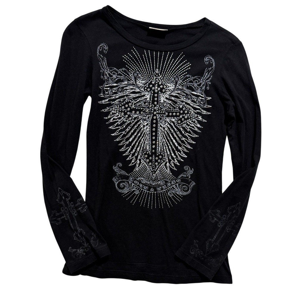Vocal Black Rhinestone Cross Graphic Long Sleeve Top USA Size Small Y2K - Picture 1 of 6